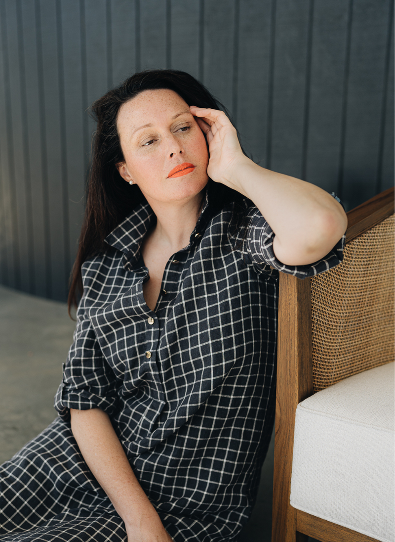 POPPY TUNIC WITH GOLD BUTTONS- NAVY CHECK FRENCH LINEN