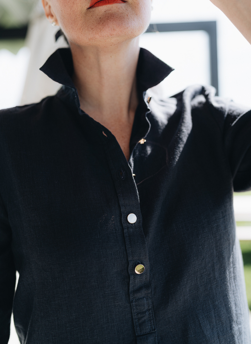 POPPY TUNIC WITH GOLD BUTTONS- NAVY FRENCH LINEN