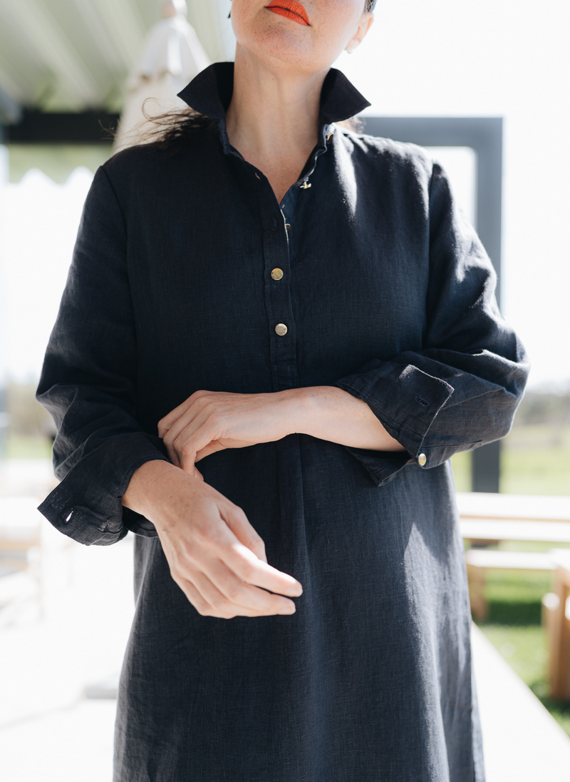 POPPY TUNIC WITH GOLD BUTTONS- NAVY FRENCH LINEN